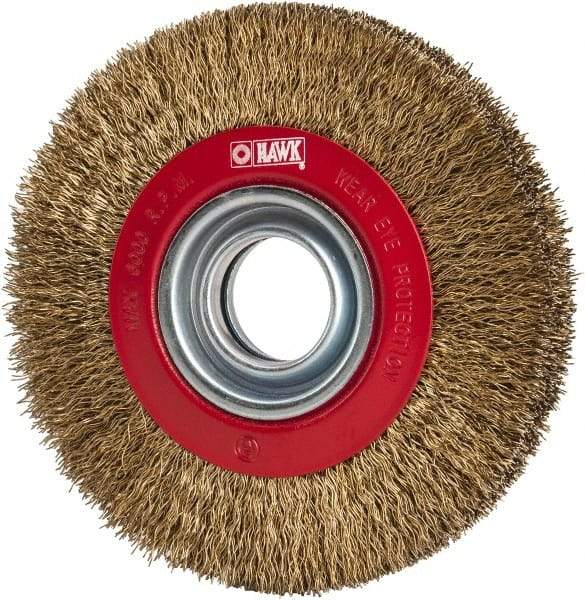 Value Collection - 6" OD, 1-1/4" Arbor Hole, Crimped Brass-Coated Steel Wheel Brush - 11/16" Face Width, 1-1/8" Trim Length, 0.014" Filament Diam, 6,000 RPM - Exact Tool & Supply