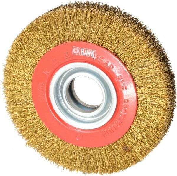 Value Collection - 6" OD, 1-1/4" Arbor Hole, Crimped Brass-Coated Steel Wheel Brush - 1" Face Width, 1-1/8" Trim Length, 0.014" Filament Diam, 6,000 RPM - Exact Tool & Supply