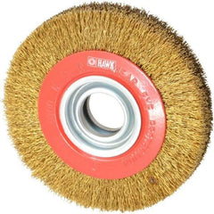 Value Collection - 6" OD, 1-1/4" Arbor Hole, Crimped Brass-Coated Steel Wheel Brush - 1" Face Width, 1-1/8" Trim Length, 0.014" Filament Diam, 6,000 RPM - Exact Tool & Supply