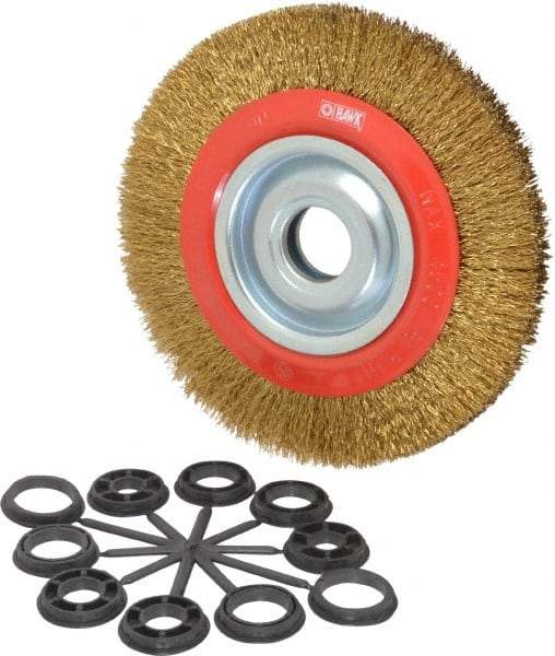 Value Collection - 8" OD, 1-1/4" Arbor Hole, Crimped Brass-Coated Steel Wheel Brush - 3/4" Face Width, 1-11/32" Trim Length, 0.014" Filament Diam, 4,500 RPM - Exact Tool & Supply