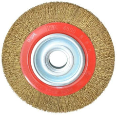 Value Collection - 8" OD, 1-1/4" Arbor Hole, Crimped Brass-Coated Steel Wheel Brush - 1" Face Width, 1-11/32" Trim Length, 0.014" Filament Diam, 4,500 RPM - Exact Tool & Supply