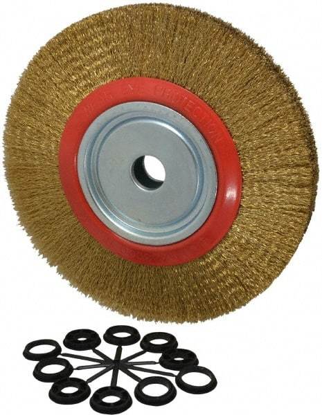 Value Collection - 12" OD, 1-1/4" Arbor Hole, Crimped Brass-Coated Steel Wheel Brush - 1-21/32" Face Width, 2-3/8" Trim Length, 0.014" Filament Diam, 3,000 RPM - Exact Tool & Supply