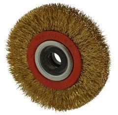 Value Collection - 4" OD, 3/4" Arbor Hole, Crimped Brass-Coated Steel Wheel Brush - 3/4" Face Width, 11/16" Trim Length, 0.012" Filament Diam, 8,000 RPM - Exact Tool & Supply