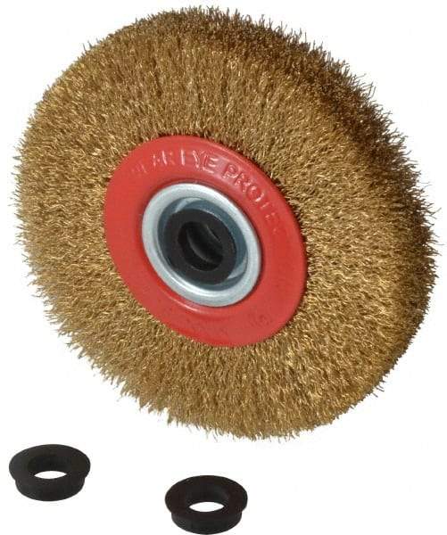 Value Collection - 5" OD, 3/4" Arbor Hole, Crimped Brass-Coated Steel Wheel Brush - 1" Face Width, 1-3/32" Trim Length, 0.012" Filament Diam, 6,000 RPM - Exact Tool & Supply