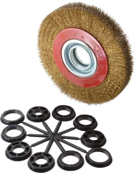 Value Collection - 6" OD, 1-1/4" Arbor Hole, Crimped Brass-Coated Steel Wheel Brush - 1" Face Width, 1-1/8" Trim Length, 0.012" Filament Diam, 6,000 RPM - Exact Tool & Supply