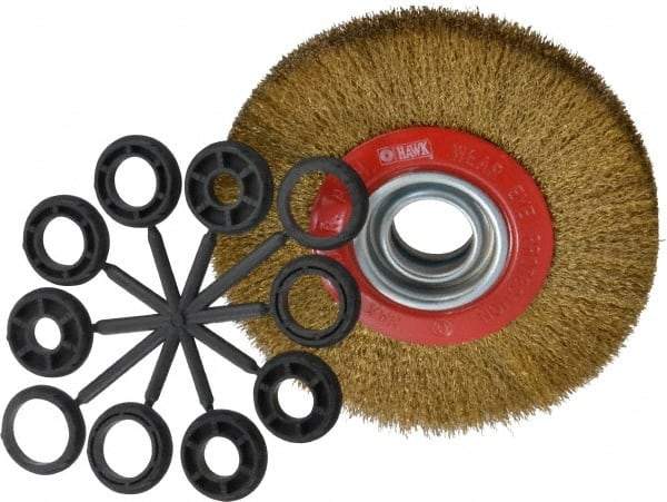 Value Collection - 7" OD, 1-1/4" Arbor Hole, Crimped Brass-Coated Steel Wheel Brush - 3/4" Face Width, 1-1/2" Trim Length, 0.012" Filament Diam, 6,000 RPM - Exact Tool & Supply
