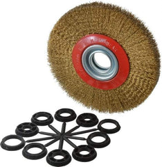 Value Collection - 7" OD, 1-1/4" Arbor Hole, Crimped Brass-Coated Steel Wheel Brush - 1" Face Width, 1-1/2" Trim Length, 0.012" Filament Diam, 6,000 RPM - Exact Tool & Supply