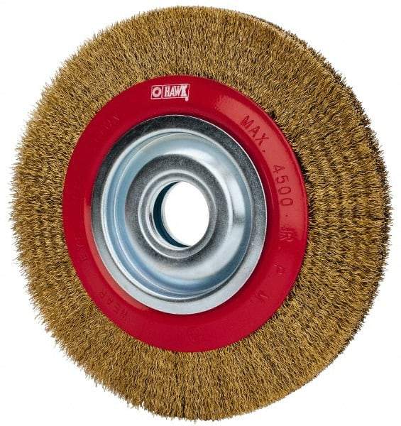 Value Collection - 8" OD, 1-1/4" Arbor Hole, Crimped Brass-Coated Steel Wheel Brush - 3/4" Face Width, 1-11/32" Trim Length, 0.012" Filament Diam, 4,500 RPM - Exact Tool & Supply