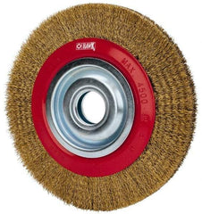 Value Collection - 8" OD, 1-1/4" Arbor Hole, Crimped Brass-Coated Steel Wheel Brush - 3/4" Face Width, 1-11/32" Trim Length, 0.012" Filament Diam, 4,500 RPM - Exact Tool & Supply