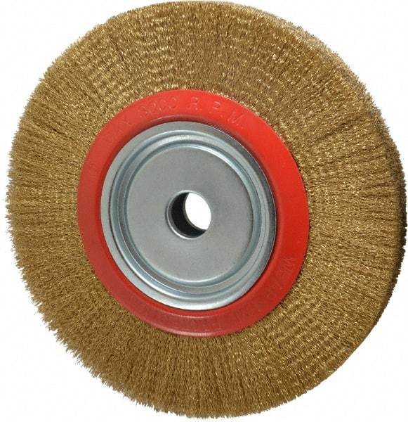 Value Collection - 12" OD, 1-1/4" Arbor Hole, Crimped Brass-Coated Steel Wheel Brush - 1-21/32" Face Width, 2-3/8" Trim Length, 0.012" Filament Diam, 3,000 RPM - Exact Tool & Supply