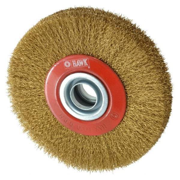 Value Collection - 5" OD, 3/4" Arbor Hole, Crimped Brass-Coated Steel Wheel Brush - 1" Face Width, 1-3/32" Trim Length, 0.007" Filament Diam, 6,000 RPM - Exact Tool & Supply