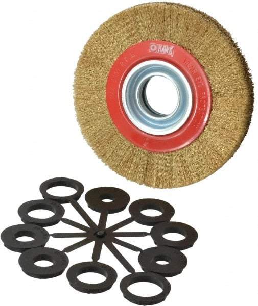 Value Collection - 6" OD, 1-1/4" Arbor Hole, Crimped Brass-Coated Steel Wheel Brush - 11/16" Face Width, 1-1/8" Trim Length, 0.007" Filament Diam, 6,000 RPM - Exact Tool & Supply
