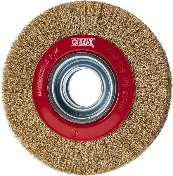 Value Collection - 6" OD, 1-1/4" Arbor Hole, Crimped Brass-Coated Steel Wheel Brush - 1" Face Width, 1-1/8" Trim Length, 0.007" Filament Diam, 6,000 RPM - Exact Tool & Supply