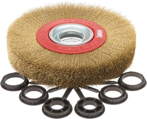 Value Collection - 7" OD, 1-1/4" Arbor Hole, Crimped Brass-Coated Steel Wheel Brush - 1" Face Width, 1-1/2" Trim Length, 0.007" Filament Diam, 6,000 RPM - Exact Tool & Supply