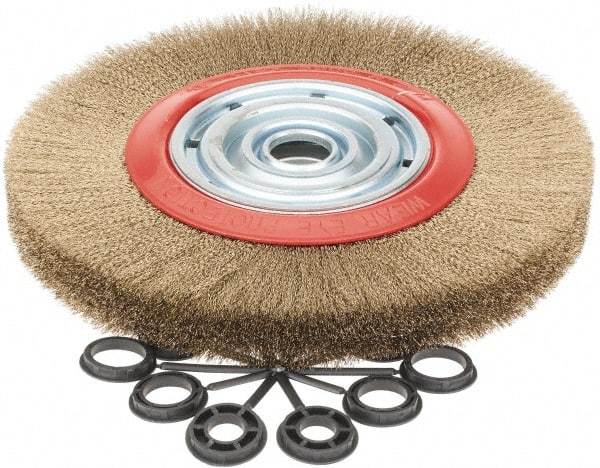 Value Collection - 12" OD, 1-1/4" Arbor Hole, Crimped Brass-Coated Steel Wheel Brush - 1-3/16" Face Width, 2-3/8" Trim Length, 0.007" Filament Diam, 3,000 RPM - Exact Tool & Supply