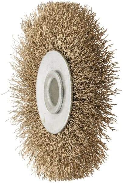 Value Collection - 2-1/2" OD, 3/8" Arbor Hole, Crimped Brass-Coated Steel Wheel Brush - 3/8" Face Width, 1/2" Trim Length, 0.007" Filament Diam, 4,500 RPM - Exact Tool & Supply