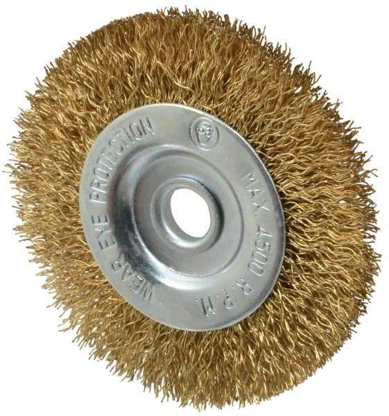 Value Collection - 3" OD, 3/8" Arbor Hole, Crimped Brass-Coated Steel Wheel Brush - 3/8" Face Width, 5/8" Trim Length, 0.012" Filament Diam, 4,500 RPM - Exact Tool & Supply