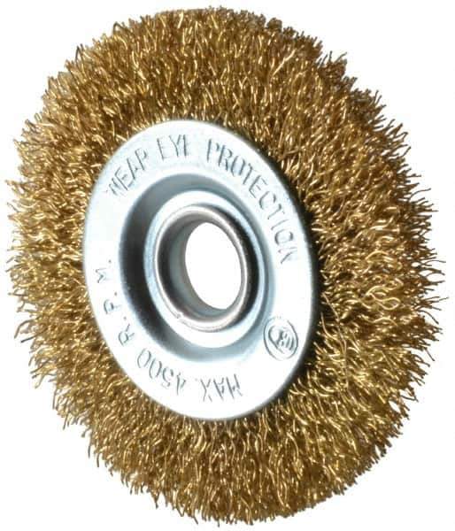 Value Collection - 3" OD, 1/2" Arbor Hole, Crimped Brass-Coated Steel Wheel Brush - 3/8" Face Width, 5/8" Trim Length, 0.012" Filament Diam, 4,500 RPM - Exact Tool & Supply