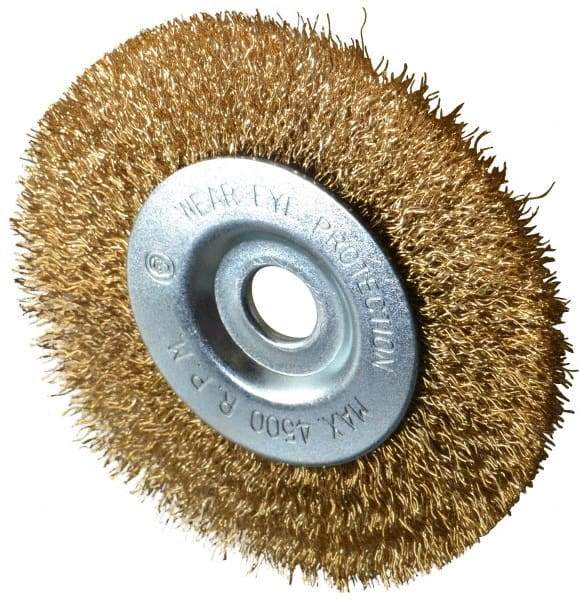 Value Collection - 4" OD, 1/2" Arbor Hole, Crimped Brass-Coated Steel Wheel Brush - 1/2" Face Width, 7/8" Trim Length, 0.012" Filament Diam, 4,500 RPM - Exact Tool & Supply
