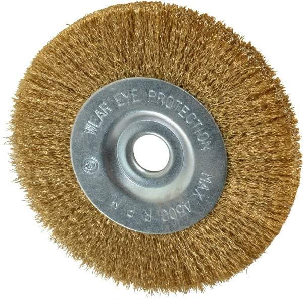 Value Collection - 4" OD, 1/2" Arbor Hole, Crimped Brass-Coated Steel Wheel Brush - 1/2" Face Width, 7/8" Trim Length, 0.007" Filament Diam, 4,500 RPM - Exact Tool & Supply