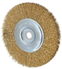 Value Collection - 5" OD, 5/8" Arbor Hole, Crimped Brass-Coated Steel Wheel Brush - 1/2" Face Width, 3/4" Trim Length, 0.012" Filament Diam, 3,750 RPM - Exact Tool & Supply
