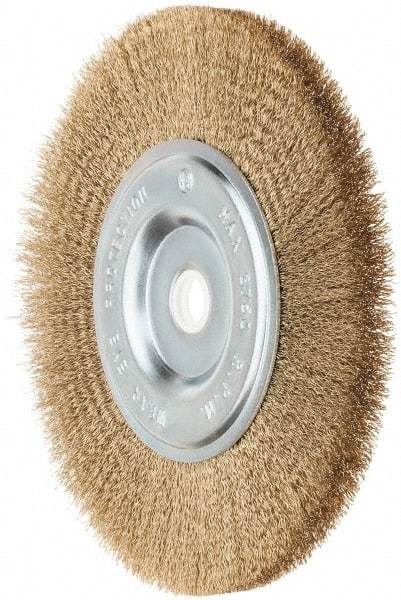 Value Collection - 6" OD, 5/8" Arbor Hole, Crimped Brass-Coated Steel Wheel Brush - 1/2" Face Width, 1-3/8" Trim Length, 0.012" Filament Diam, 3,750 RPM - Exact Tool & Supply