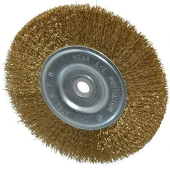 Value Collection - 6" OD, 5/8" Arbor Hole, Crimped Brass-Coated Steel Wheel Brush - 11/16" Face Width, 1-3/8" Trim Length, 0.012" Filament Diam, 6,000 RPM - Exact Tool & Supply