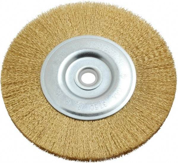 Value Collection - 6" OD, 5/8" Arbor Hole, Crimped Brass-Coated Steel Wheel Brush - 11/16" Face Width, 1-3/8" Trim Length, 0.012" Filament Diam, 3,750 RPM - Exact Tool & Supply