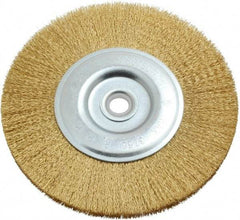 Value Collection - 6" OD, 5/8" Arbor Hole, Crimped Brass-Coated Steel Wheel Brush - 11/16" Face Width, 1-3/8" Trim Length, 0.012" Filament Diam, 3,750 RPM - Exact Tool & Supply