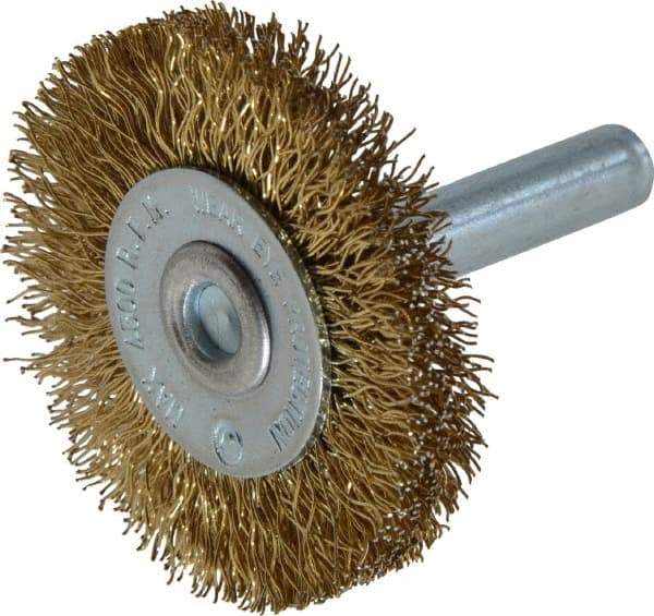 Value Collection - 1-5/8" OD, 1/4" Shank Diam, Crimped Brass-Coated Steel Wheel Brush - 3/16" Face Width, 3/8" Trim Length, 0.015" Filament Diam, 4,500 RPM - Exact Tool & Supply
