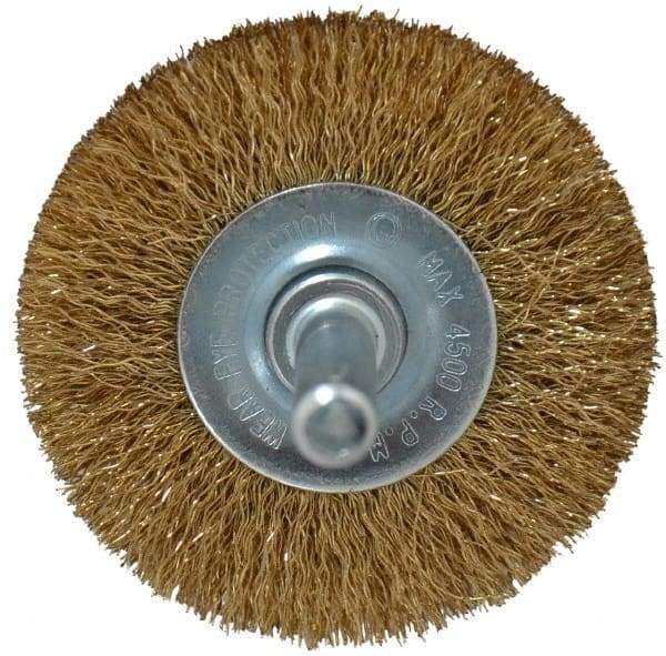 Value Collection - 2" OD, 1/4" Shank Diam, Crimped Brass-Coated Steel Wheel Brush - 9/32" Face Width, 3/8" Trim Length, 0.008" Filament Diam, 4,500 RPM - Exact Tool & Supply