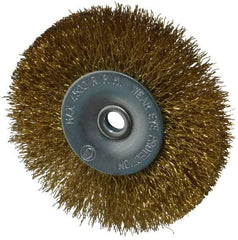 Value Collection - 2-1/2" OD, 1/4" Shank Diam, Crimped Brass-Coated Steel Wheel Brush - 11/32" Face Width, 1/2" Trim Length, 0.008" Filament Diam, 4,500 RPM - Exact Tool & Supply