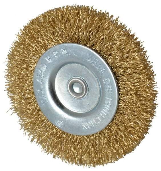 Value Collection - 3" OD, 1/4" Shank Diam, Crimped Brass-Coated Steel Wheel Brush - 3/8" Face Width, 5/8" Trim Length, 0.015" Filament Diam, 4,500 RPM - Exact Tool & Supply
