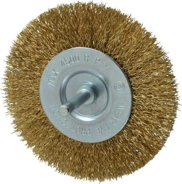 Value Collection - 4" OD, 1/4" Shank Diam, Crimped Brass-Coated Steel Wheel Brush - 15/32" Face Width, 7/8" Trim Length, 0.015" Filament Diam, 4,500 RPM - Exact Tool & Supply