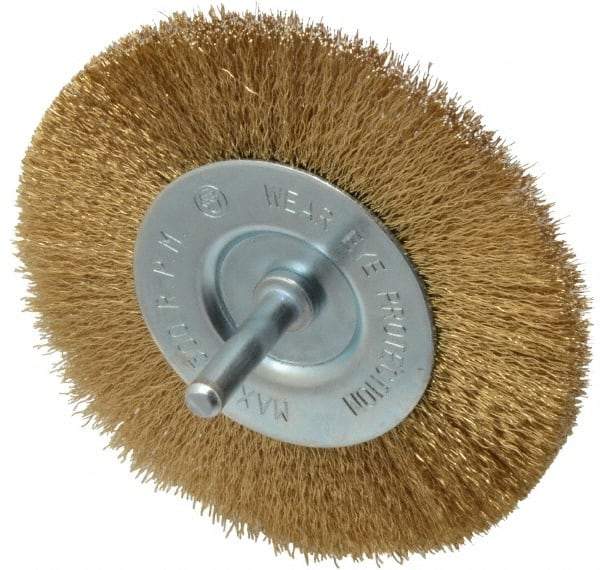 Value Collection - 4" OD, 1/4" Shank Diam, Crimped Brass-Coated Steel Wheel Brush - 15/32" Face Width, 7/8" Trim Length, 0.008" Filament Diam, 4,500 RPM - Exact Tool & Supply