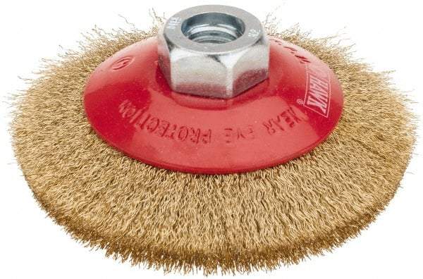 Value Collection - 4" OD, M14x2.00 Arbor Hole, Crimped Brass-Coated Steel Wheel Brush - 3/8" Face Width, 0.008" Filament Diam, 12,500 RPM - Exact Tool & Supply