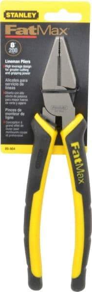 Stanley - 8-3/8" OAL, 1-1/2" Jaw Length x 1" Jaw Width, Side Cutting Linesman's Pliers - Serrated Jaw, Flat Nose Head, Bi-Material Cushion Grip Handles - Exact Tool & Supply