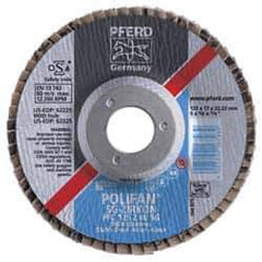 PFERD - 60 Grit, 4-1/2" Disc Diam, 5/8-11 Center Hole, Type 27 Zirconia Alumina Flap Disc - 13,300 Max RPM, Fiberglass Backing, Arbor Attaching System, Coated - Exact Tool & Supply