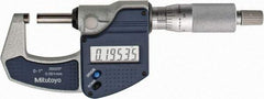 Mitutoyo - 0 to 1" Range, 0.0001" Resolution, Standard Throat, Electronic Outside Micrometer - 0.0001" Accuracy, Ratchet Stop Thimble, Carbide Face, SR44 Battery, Plastic Case, Includes NIST Traceable Certification of Inspection - Exact Tool & Supply