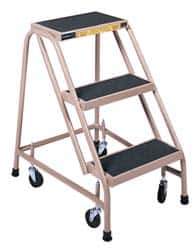 Gillis - 30" 3 Step Ladder - Rolling Steel Office Ladder, 300 Lb Capacity, 30" Platform Height, 24" Base Width x 27" Depth, Rubber Matted - Exact Tool & Supply