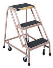 Gillis - 30" 3 Step Ladder - Rolling Steel Office Ladder, 300 Lb Capacity, 30" Platform Height, 24" Base Width x 27" Depth, Rubber Matted - Exact Tool & Supply