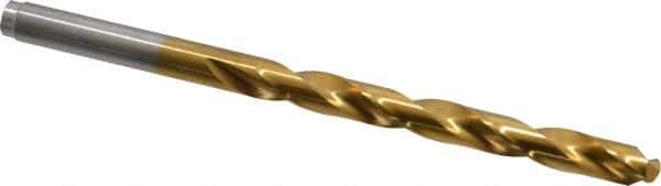 Hertel - Letter E (1/4) 135° Cobalt Jobber Drill - TiN Finish, Right Hand Cut, Spiral Flute, Straight Shank, 4" OAL, Split Point - Exact Tool & Supply