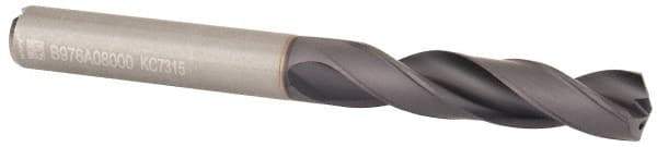 Kennametal - 8mm 140° Spiral Flute Solid Carbide Screw Machine Drill Bit - Multilayer TiAlN Finish, Right Hand Cut, 41mm Flute Length, 79mm OAL, Standard Point, Straight Shank, Through Coolant - Exact Tool & Supply