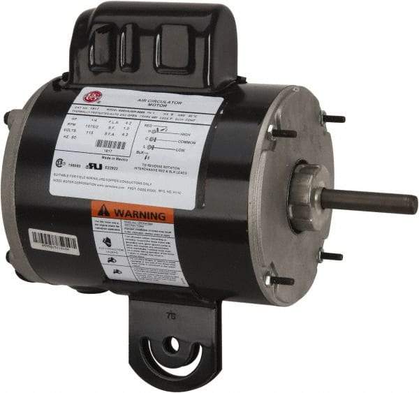 US Motors - 1/4 hp, TEAO Enclosure, Auto Thermal Protection, 1,075 RPM, 115 Volt, 60 Hz, Single Phase Permanent Split Capacitor (PSC) Motor - Size 48YZ Frame, Yoke Mount, 2 Speed, Ball Bearings, 4.2 Full Load Amps, B Class Insulation, Reversible - Exact Tool & Supply