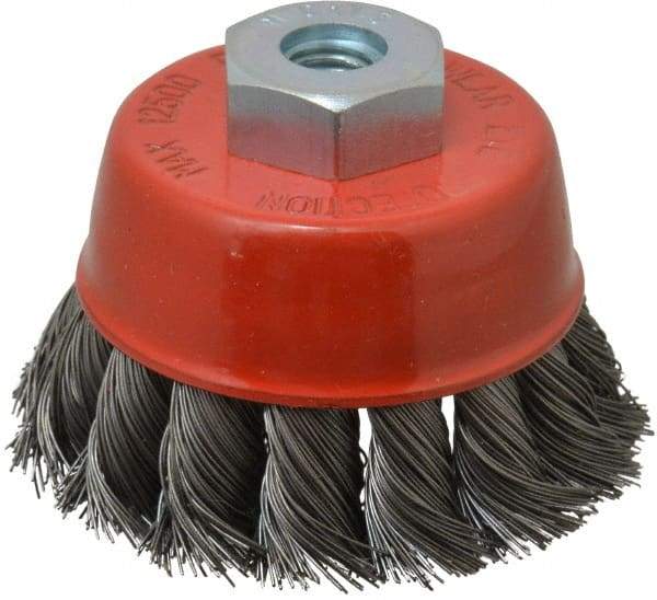 Value Collection - 2-3/8" Diam, M10x1.50 Threaded Arbor, Steel Fill Cup Brush - 0.0137 Wire Diam, 12,500 Max RPM - Exact Tool & Supply