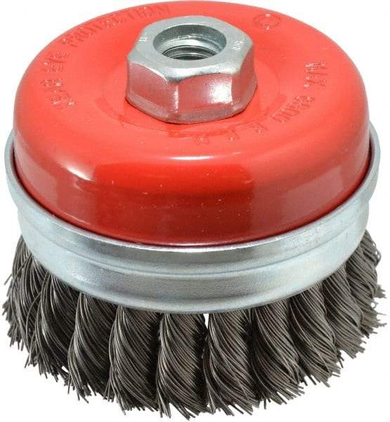 Value Collection - 3-3/16" Diam, 5/8-11 Threaded Arbor, Steel Fill Cup Brush - 0.02 Wire Diam, 8,500 Max RPM - Exact Tool & Supply