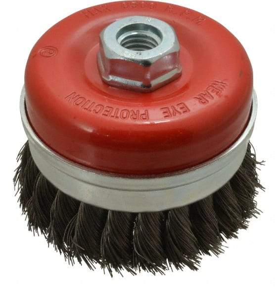 Value Collection - 3-3/16" Diam, 5/8-11 Threaded Arbor, Steel Fill Cup Brush - 0.0137 Wire Diam, 8,500 Max RPM - Exact Tool & Supply