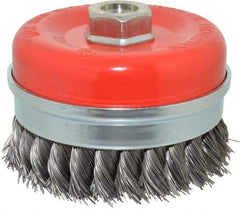 Value Collection - 4" Diam, 5/8-11 Threaded Arbor, Steel Fill Cup Brush - 0.02 Wire Diam, 8,500 Max RPM - Exact Tool & Supply