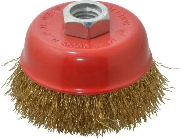Value Collection - 3-3/16" Diam, 5/8-11 Threaded Arbor, Steel Fill Cup Brush - 0.015 Wire Diam, 8,500 Max RPM - Exact Tool & Supply