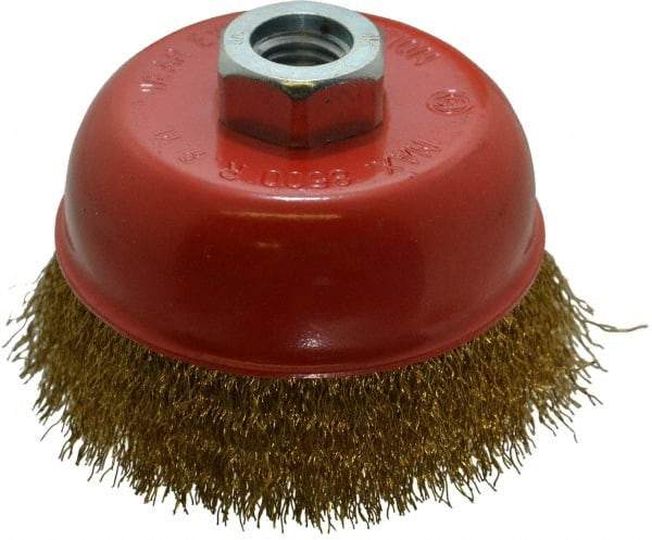 Value Collection - 4" Diam, 5/8-11 Threaded Arbor, Steel Fill Cup Brush - 0.012 Wire Diam, 8,500 Max RPM - Exact Tool & Supply